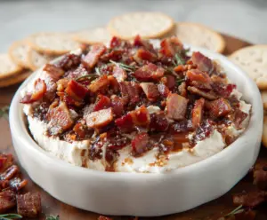 Creamy fig and bacon Boursin cheese dip served with fresh bread and crackers.