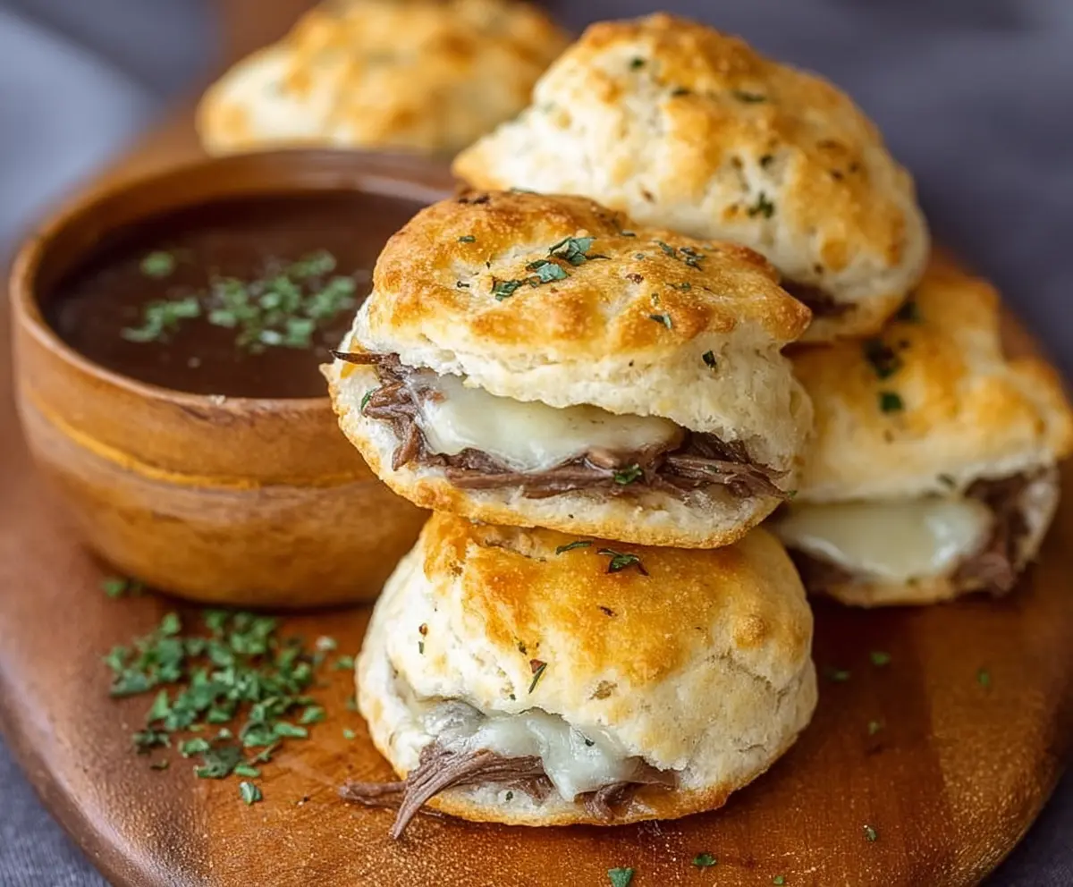 Delicious homemade French Dip Biscuits with tender beef and savory au jus served in a warm biscuitroll.