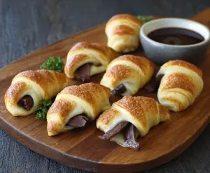 Delicious French Dip Crescents with tender roast beef and melted cheese in flaky crescent roll pastry