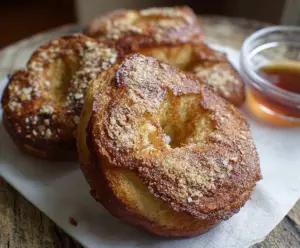 Golden French Toast Bagels topped with fresh berries and syrup for a delicious breakfast treat.