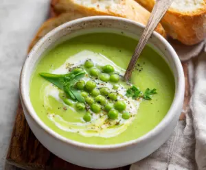 Creamy fresh pea soup served in a bowls with mint leaves for garnish.