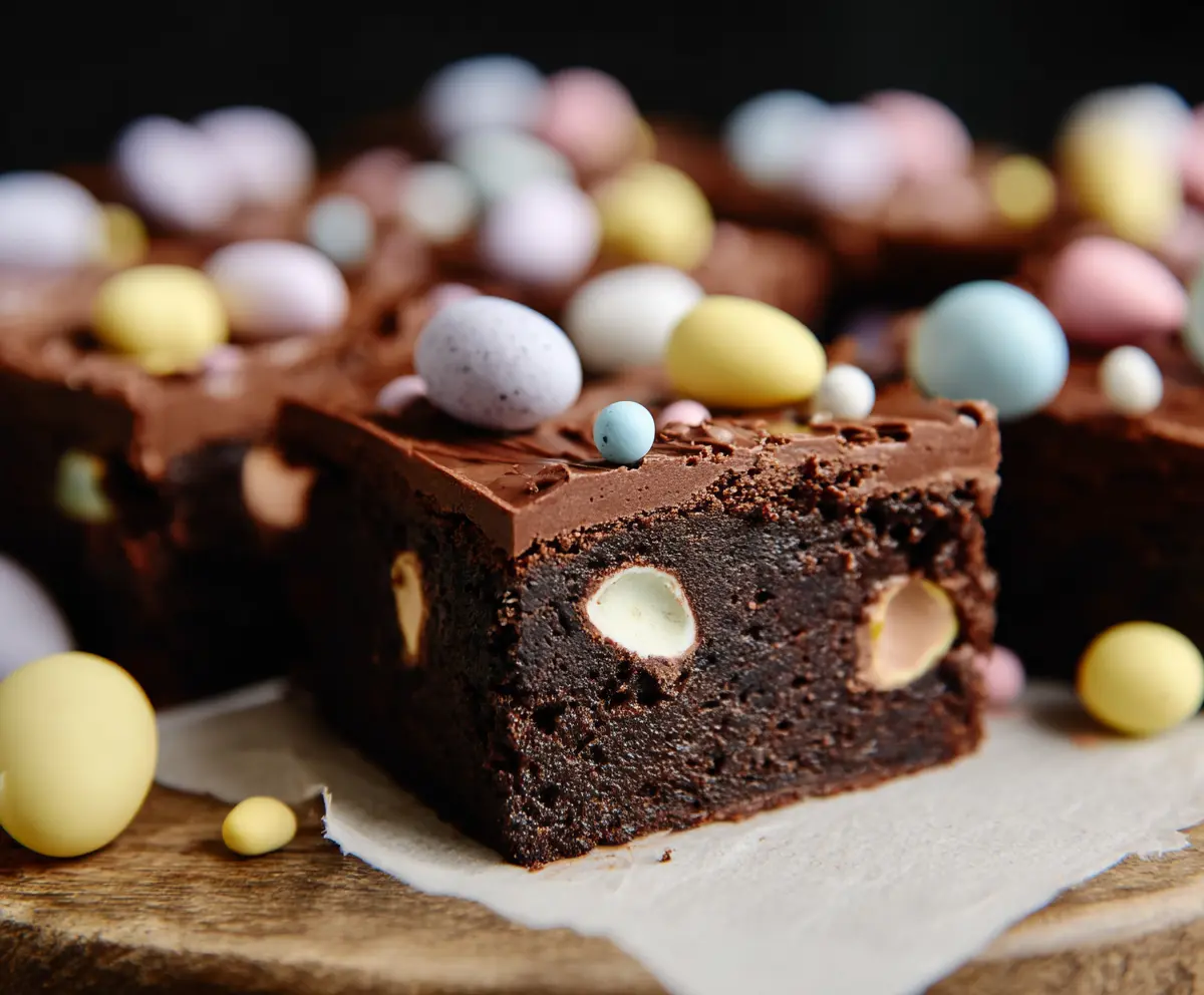 Delicious Frosted Mini Egg Easter Brownies with colorful mini eggs on top