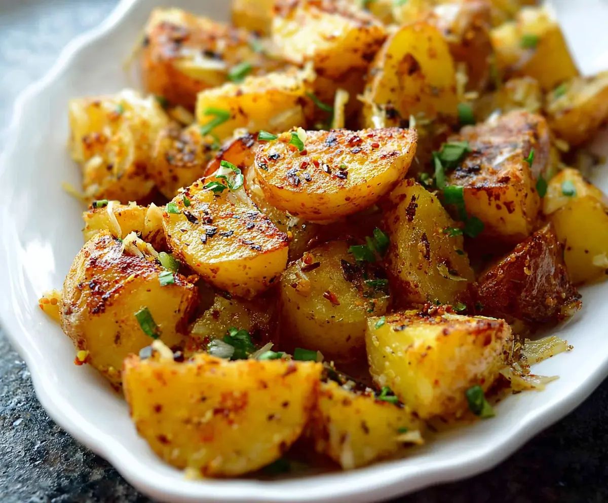 Savory garlic ranch potatoes cooked to crispy perfection, garnished with fresh herbs, ideal for a flavorful side dish.