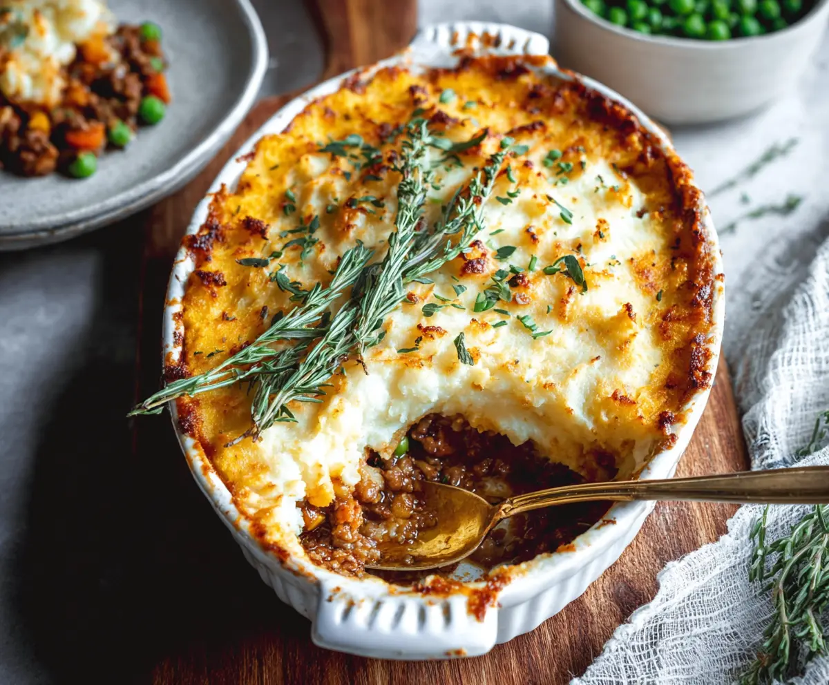 Delicious gluten-free shepherd's pie topped with mashed potatoes and fresh herbs.