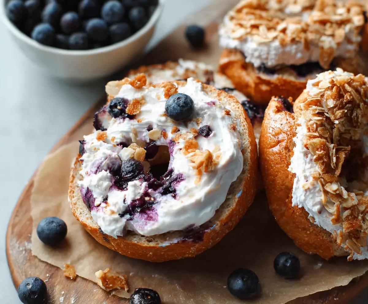 Delicious Greek Yogurt Blueberry Crunch Bagels topped with fresh blueberries and crunchy toppings.