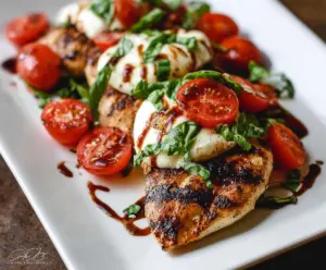 Delicious grilled chicken topped with fresh mozzarella, tomatoes, basil, and balsamic glaze in a Caprese-inspired dish.