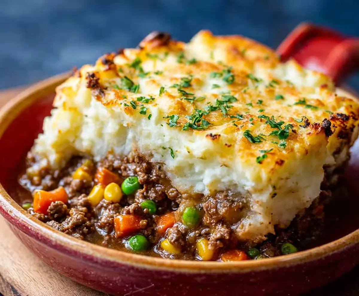 Delicious homemade Ground Beef Shepherd's Pie with mashed potato topping and seasoned beef filling.
