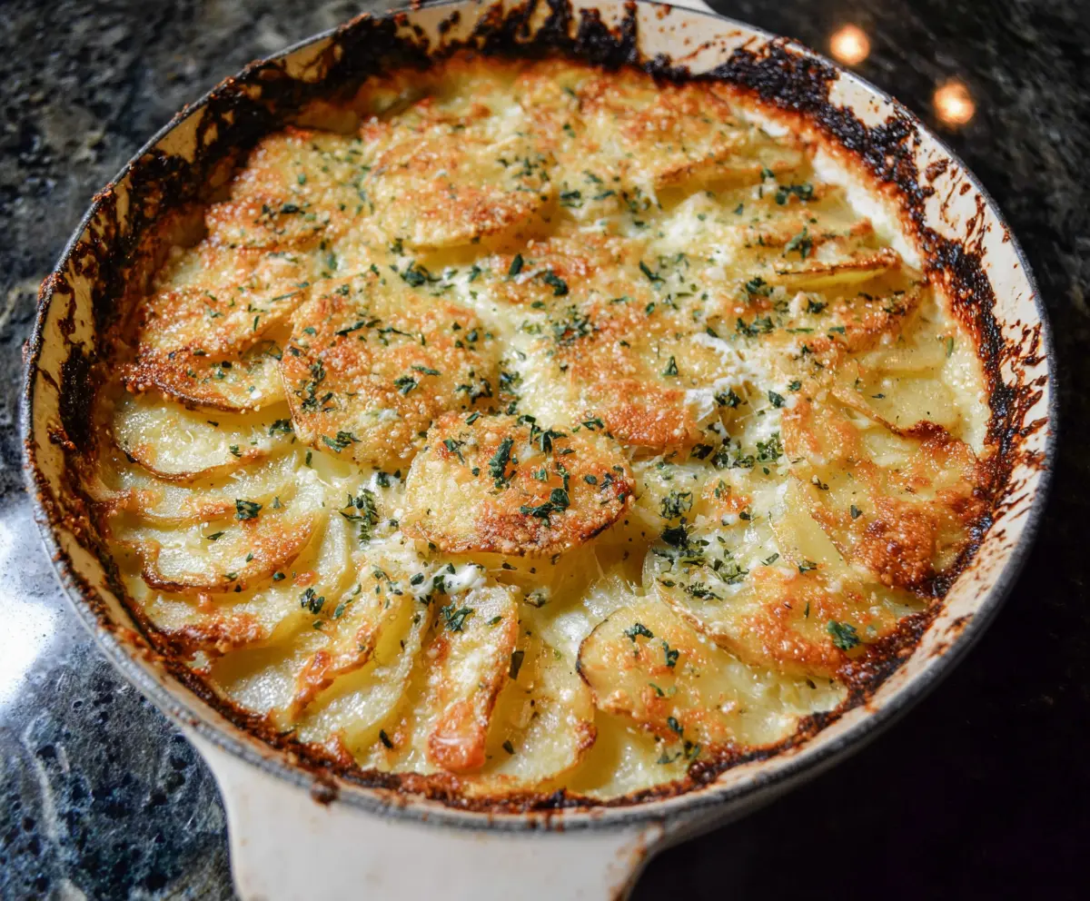 Creamy Gruyere Potato Gratin served in a baking dish, golden and bubbling.