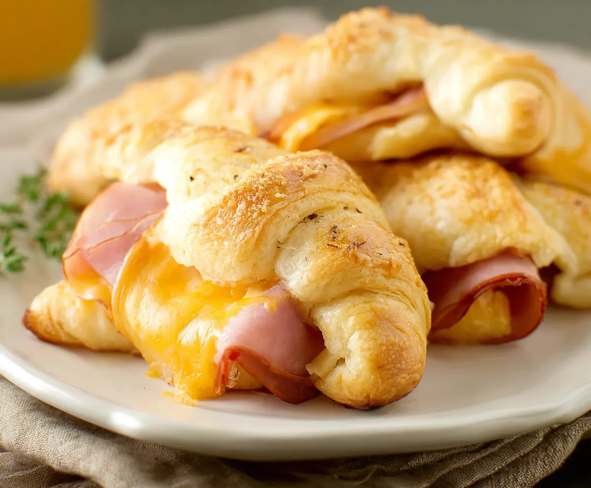 Delicious ham and cheese crescent rolls fresh out of the oven, perfect for breakfast or snacks.