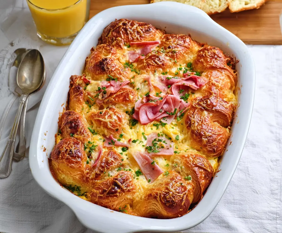 Delicious ham and cheese croissant brunch bake served warm with melted cheese and crispy croissant layers.