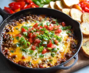 Delicious hamburger meat dip served with fresh vegetables and tortilla chips.