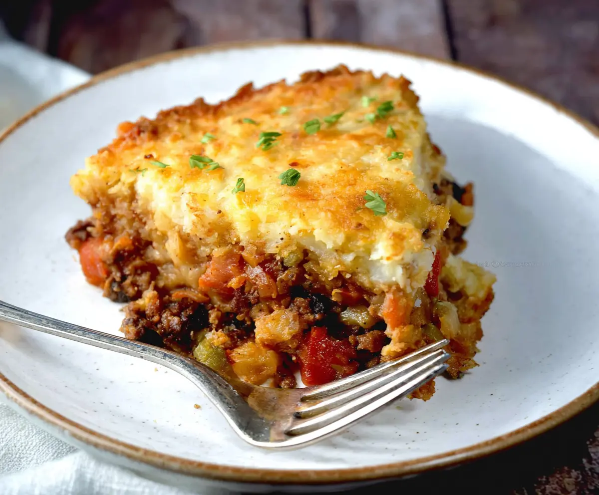 Delicious Hash Brown Shepherd's Pie topped with crispy golden hash browns and savory filling.