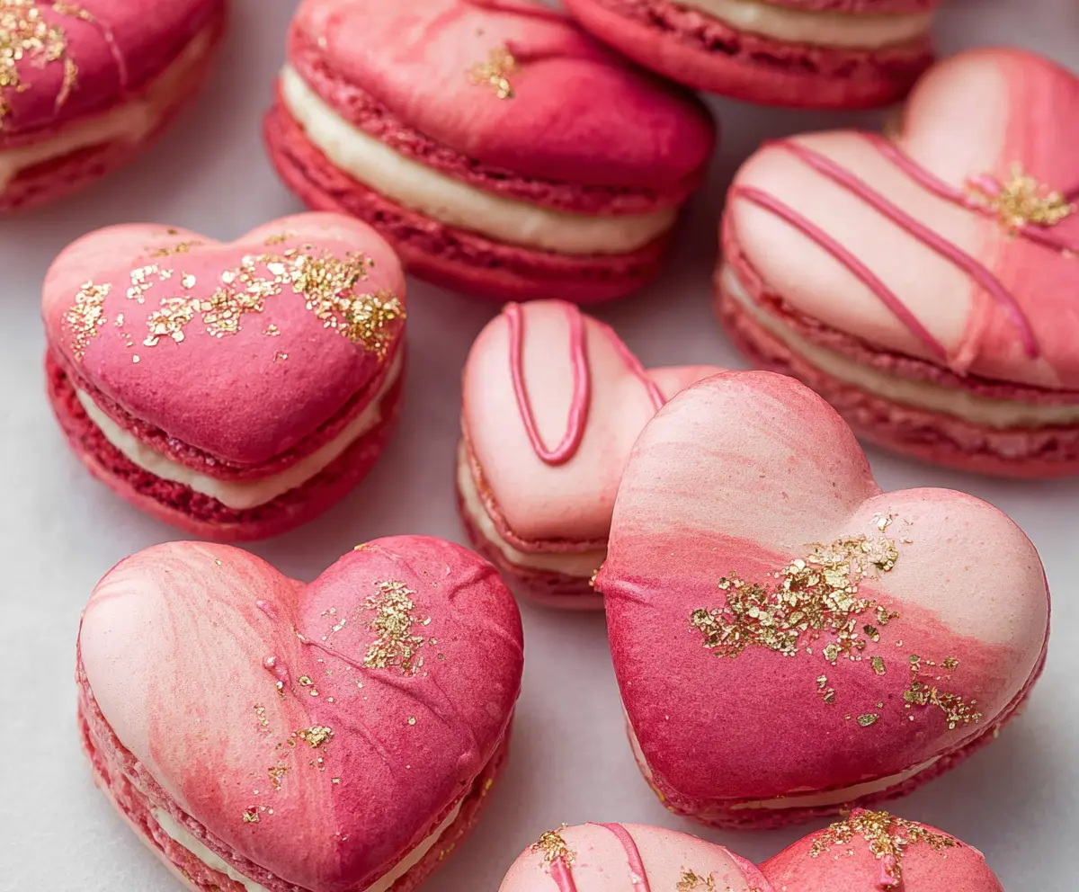 Delicious heart-shaped macarons with smooth pastel pink shells on a white plate