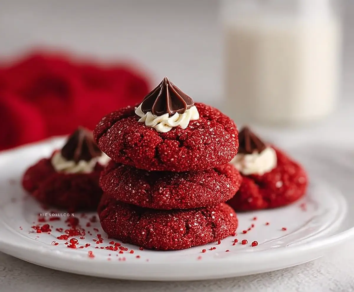 Delicious Hershey's Red Velvet Blossoms Cookies with chocolate Hershey's kisses on top.