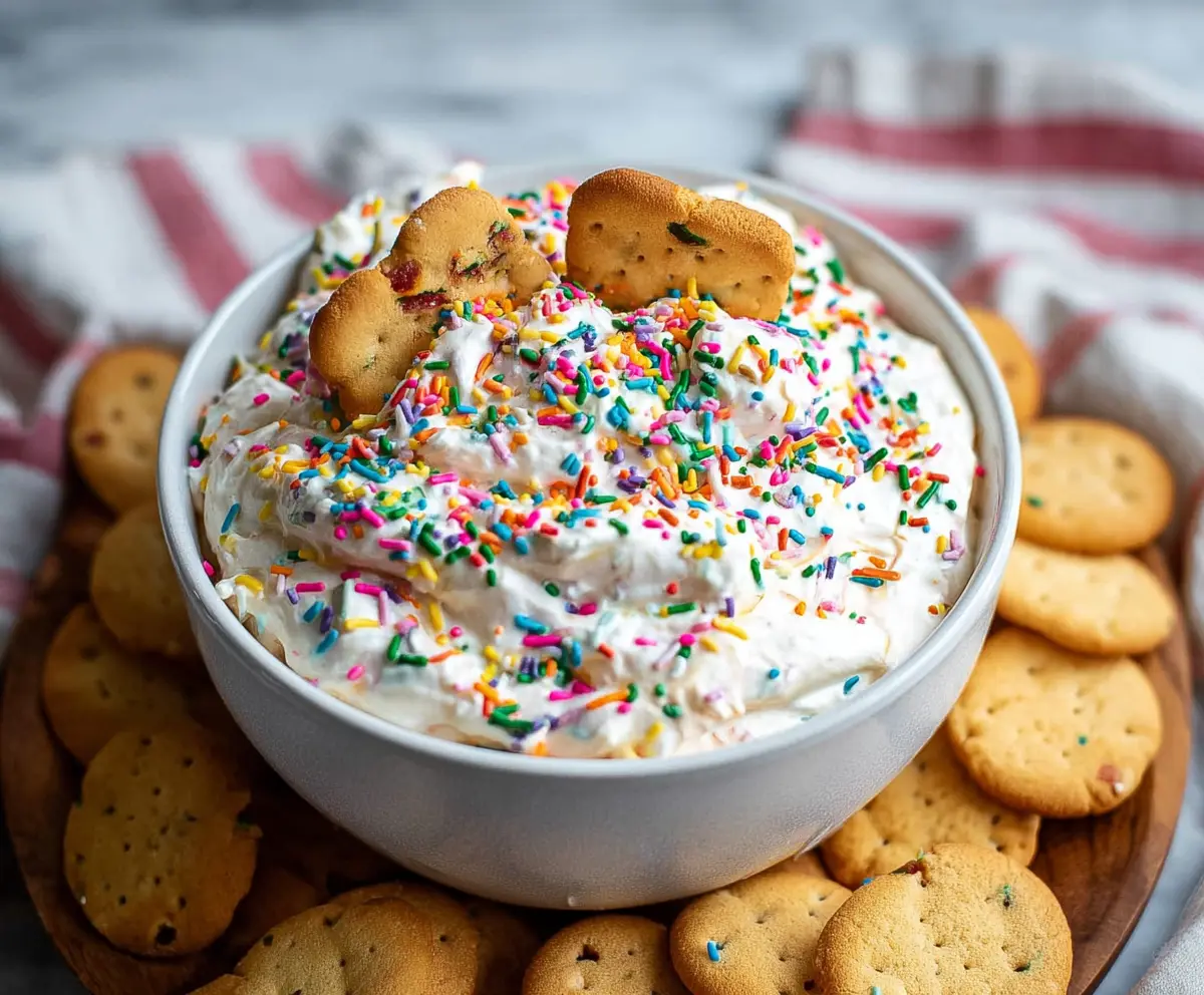 Colorful homemade Funfetti dip with sprinkles served in a bowl, perfect for parties and celebrations.
