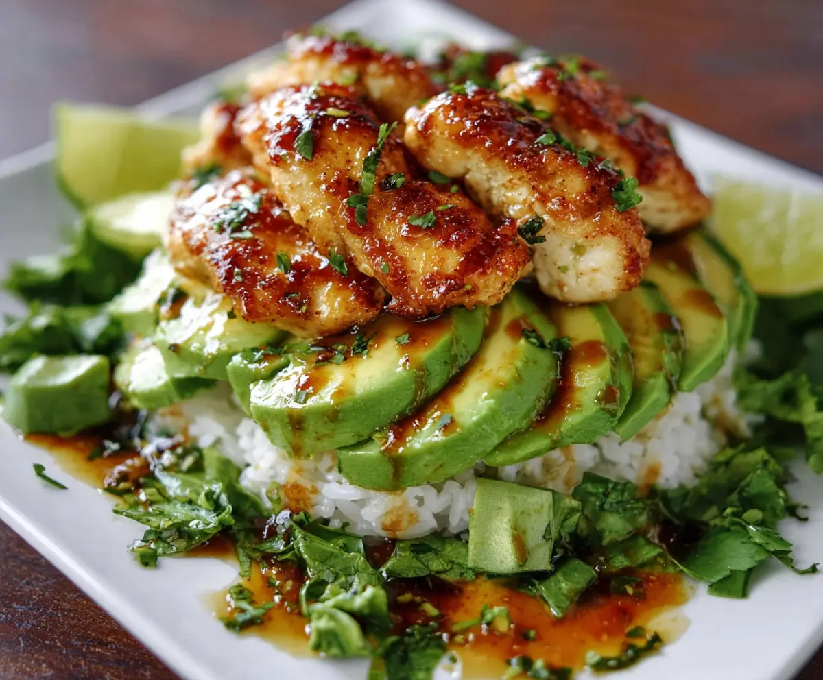 Delicious Honey Lime Chicken served with fresh avocado slices and a vibrant lime garnish.