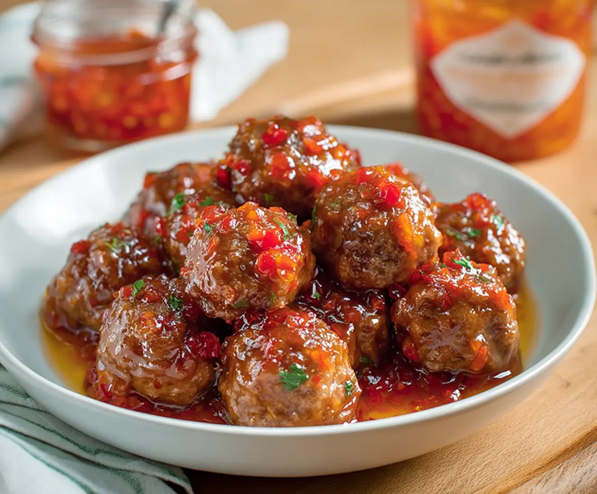 Hot Pepper Jelly Meatballs served on a platter with fresh herbs for a sweet and spicy appetizer.