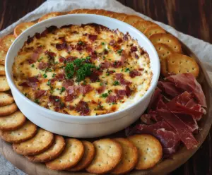 Delicious hot smoked Gouda bacon dip served in a bowl, perfect for appetizers.