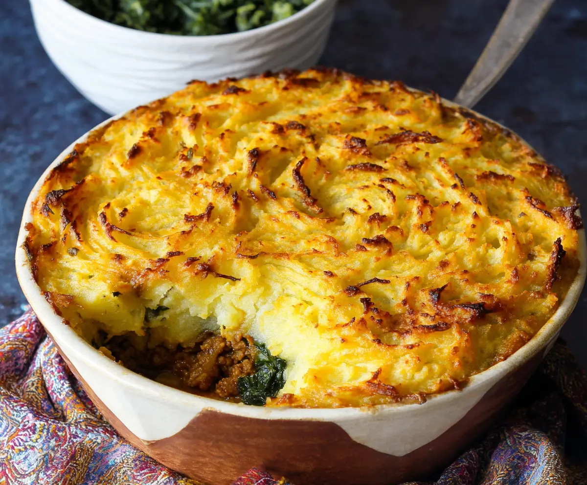 Delicious Irish Cottage Pie topped with golden mashed potatoes and served in a rustic dish.