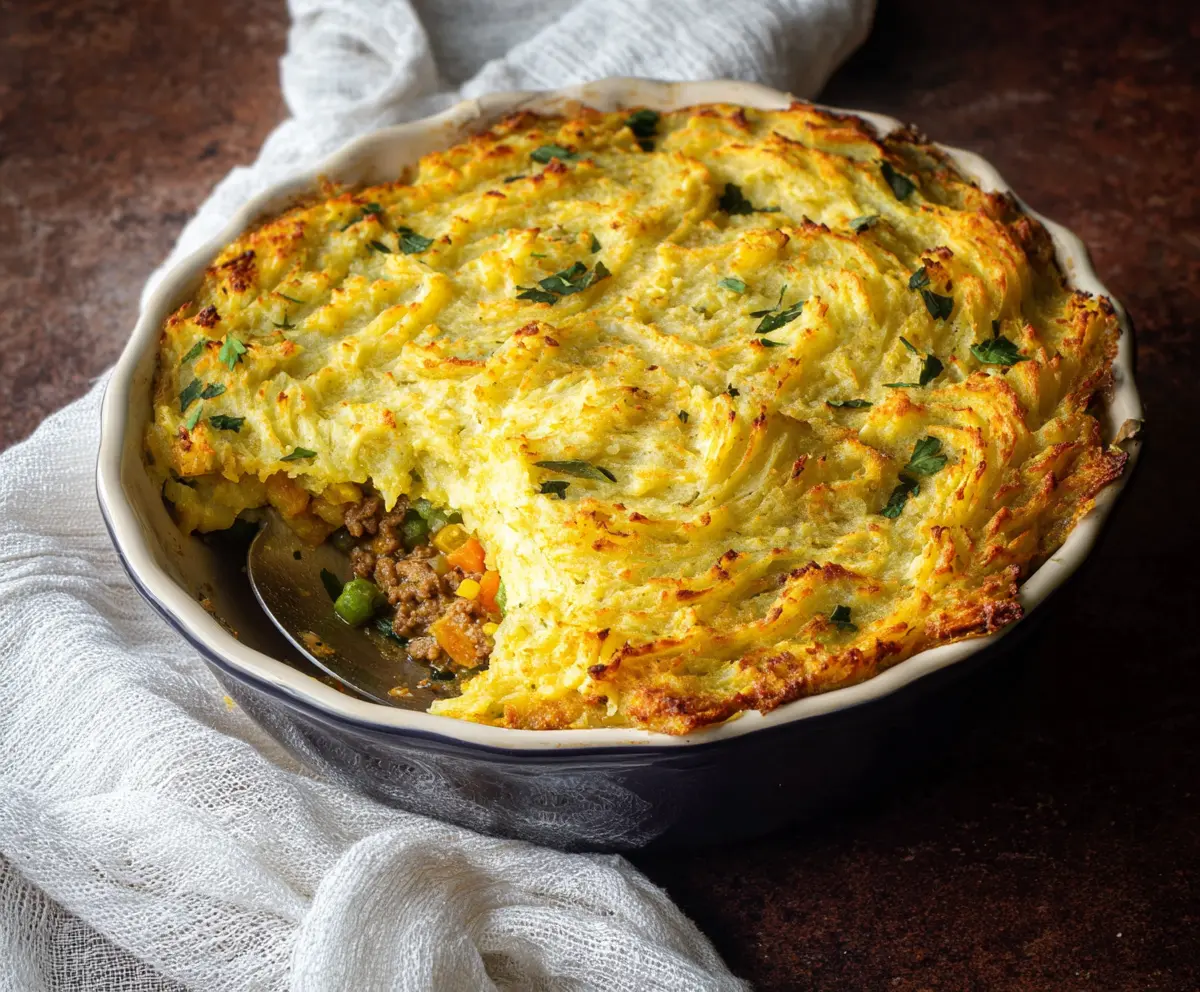 Delicious Irish Shepherd's Pie with mashed potato topping and seasoned ground beef in a rustic skillet.