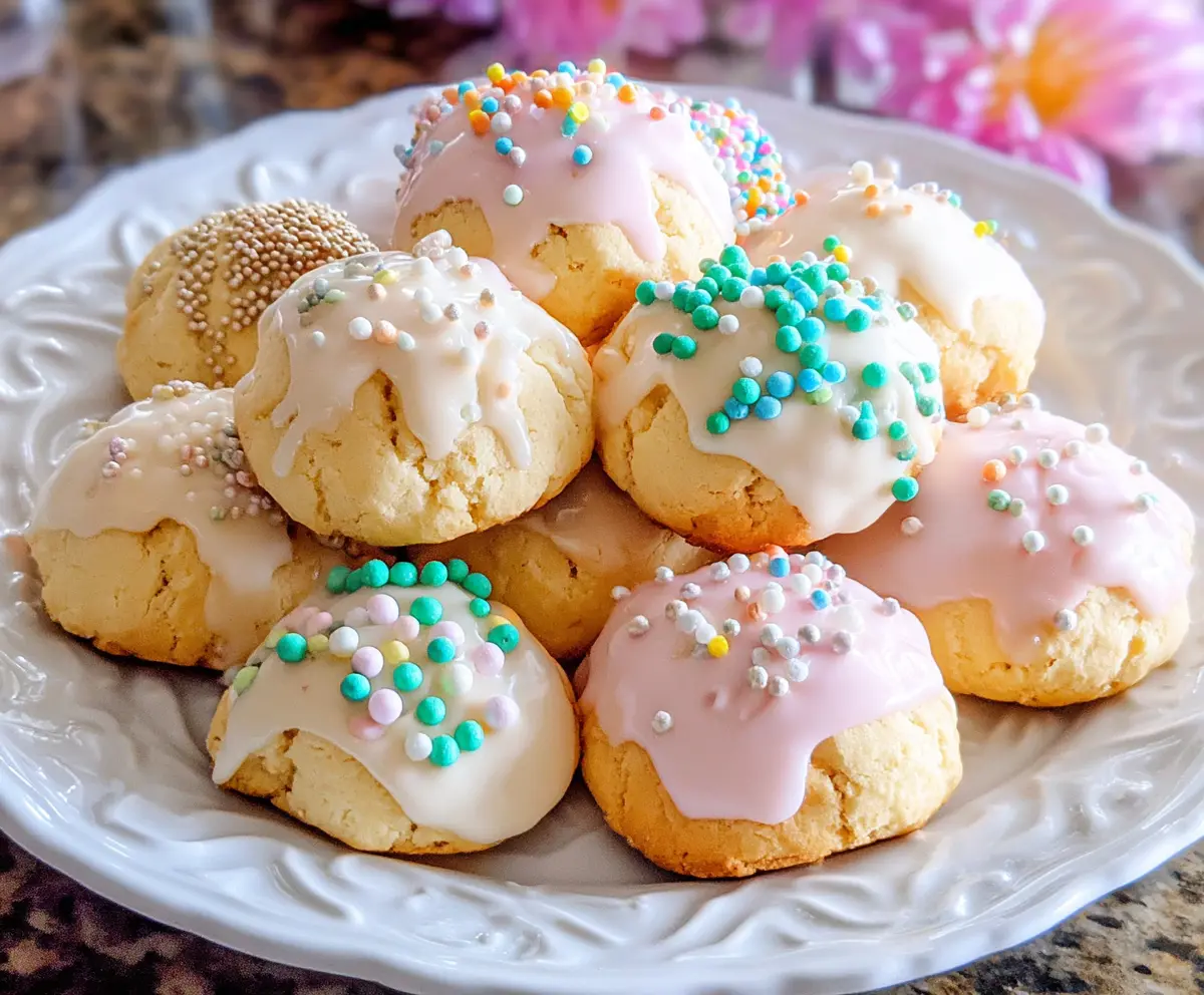 Traditional Italian Easter cookies with colorful sprinkles and festive decorations on a baking tray.