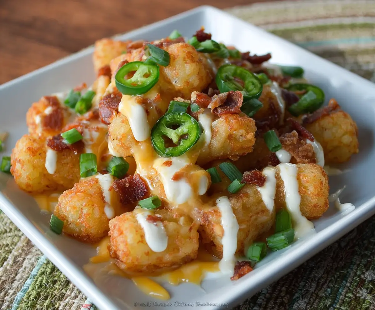 Crispy jalapeno popper tater tots topped with melted cheese and fresh jalapeno slices.