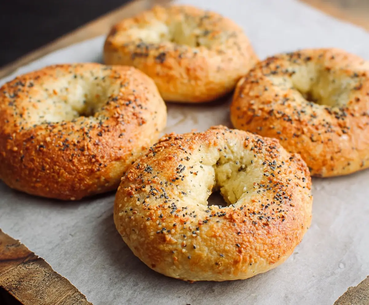 Delicious homemade keto bagels with a golden crust and chewy texture on a rustic wooden surface.