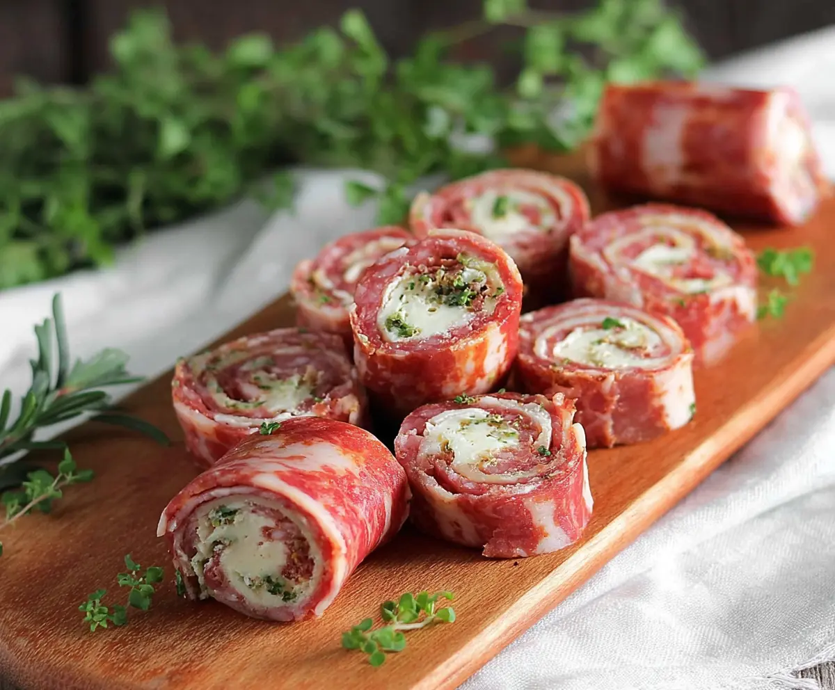 Delicious Keto Salami Roll-ups with cream cheese and herbs, perfect for low-carb snacks