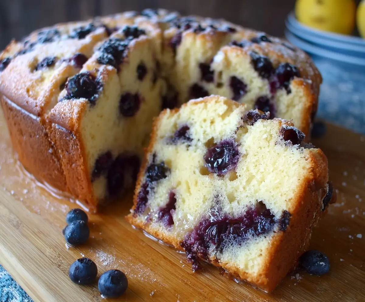 Fresh Lemon Blueberry Pound Cake on a decorative plate with lemon slices and blueberries for a delicious dessert.