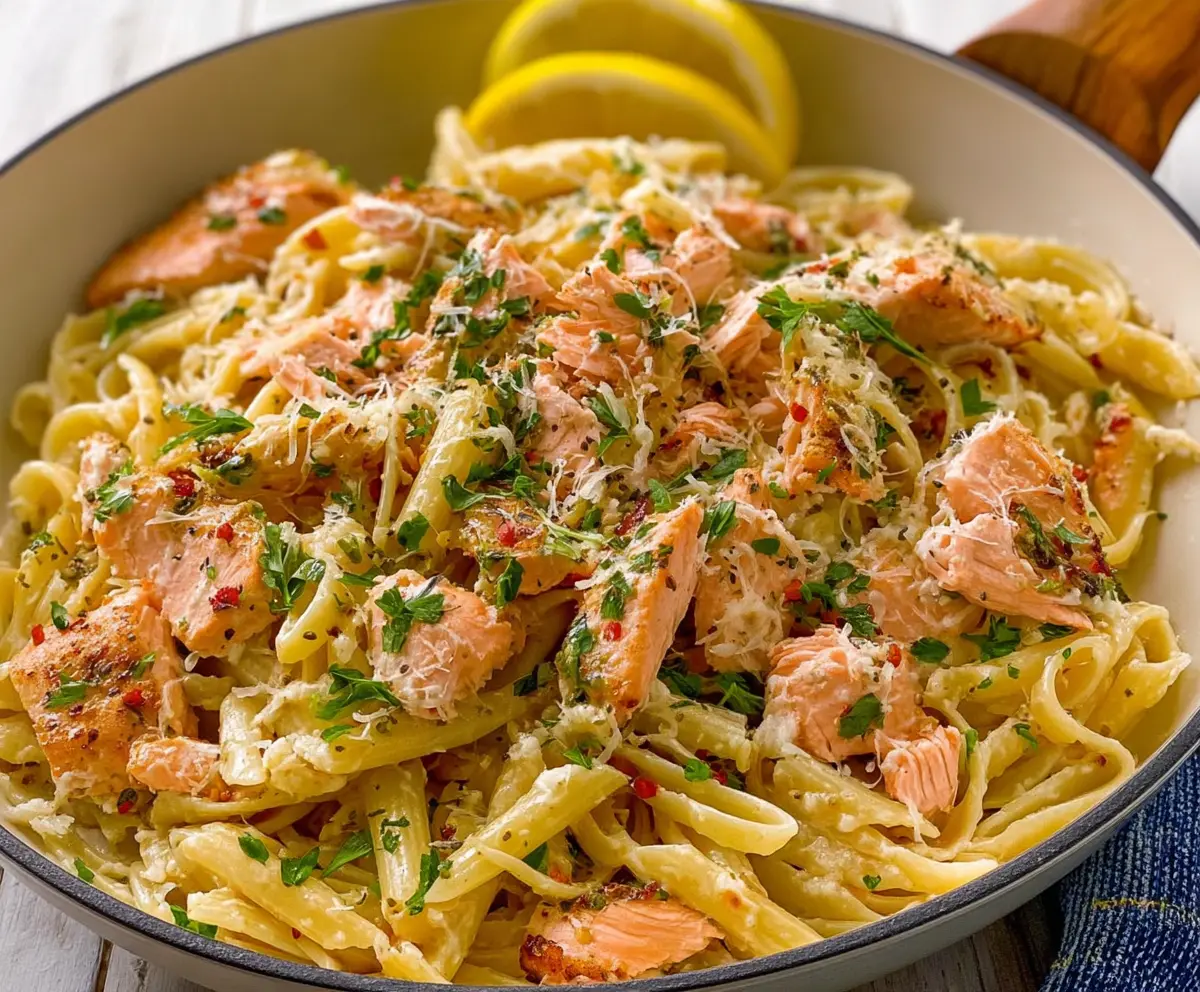 Creamy lemon butter salmon pasta served in a white bowl, garnished with fresh herbs.