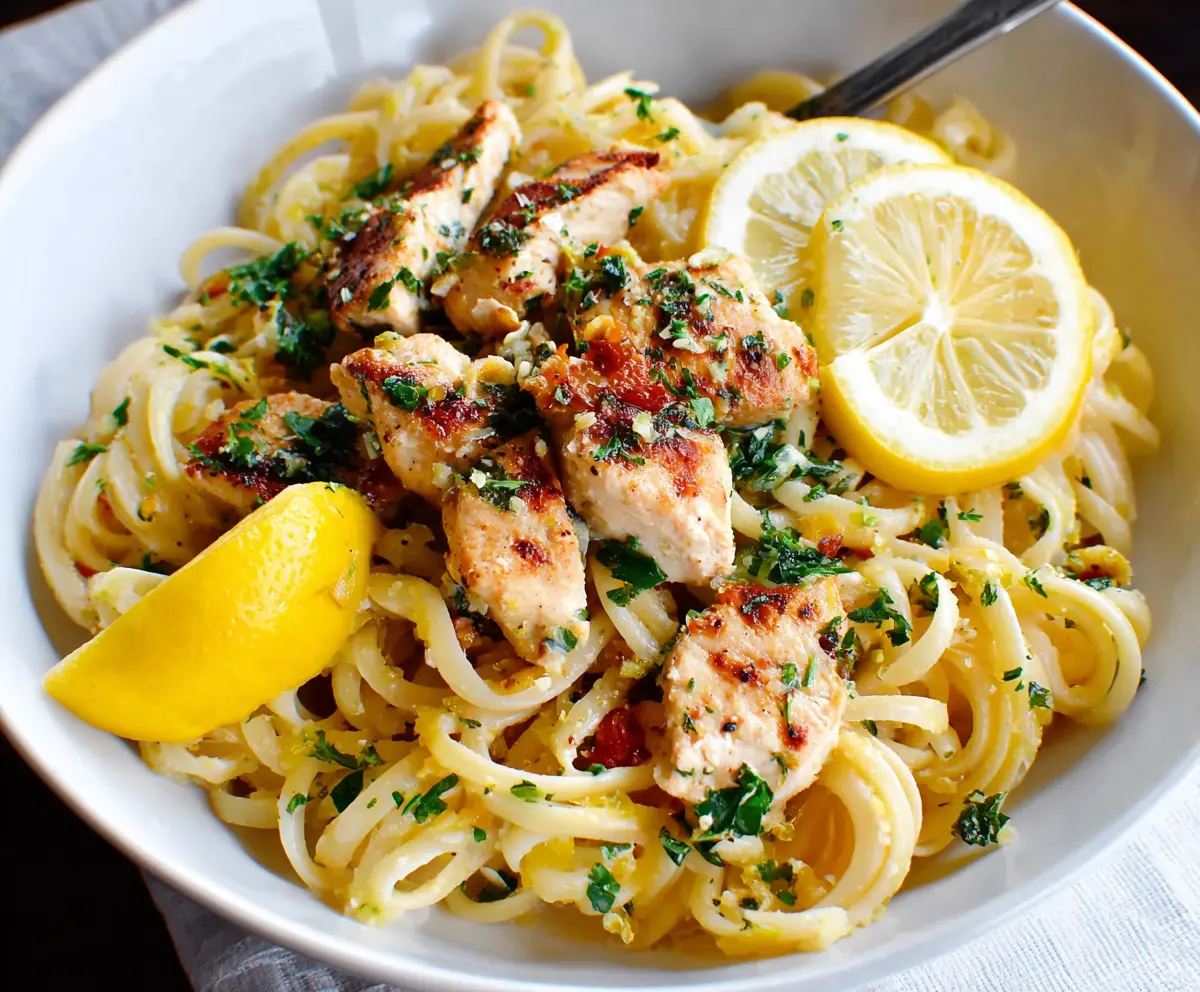Delicious Lemon Garlic Chicken Pasta dish with fresh herbs and tender chicken pieces.