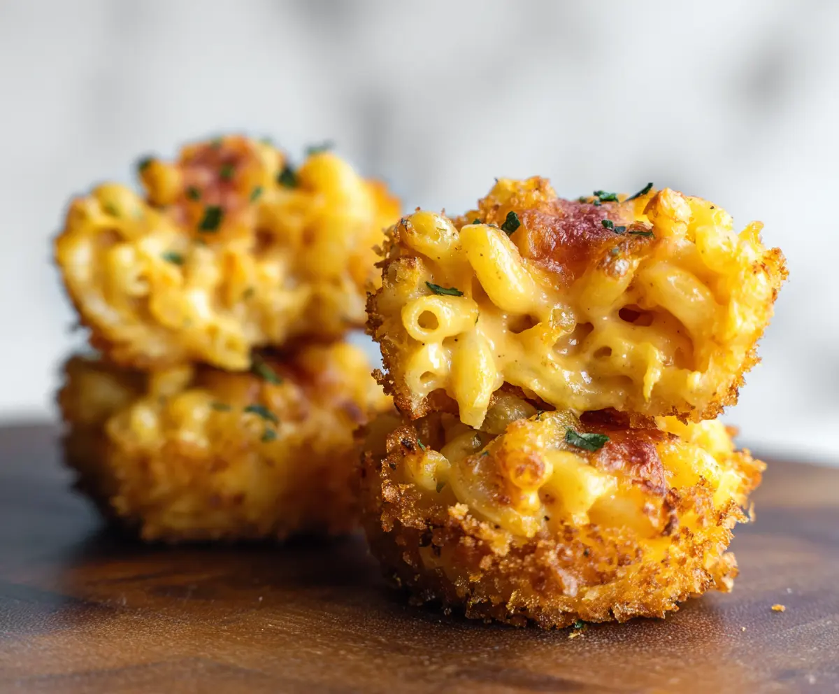 Golden baked macaroni and cheese bites served on a white plate, perfect for snack or appetizer.