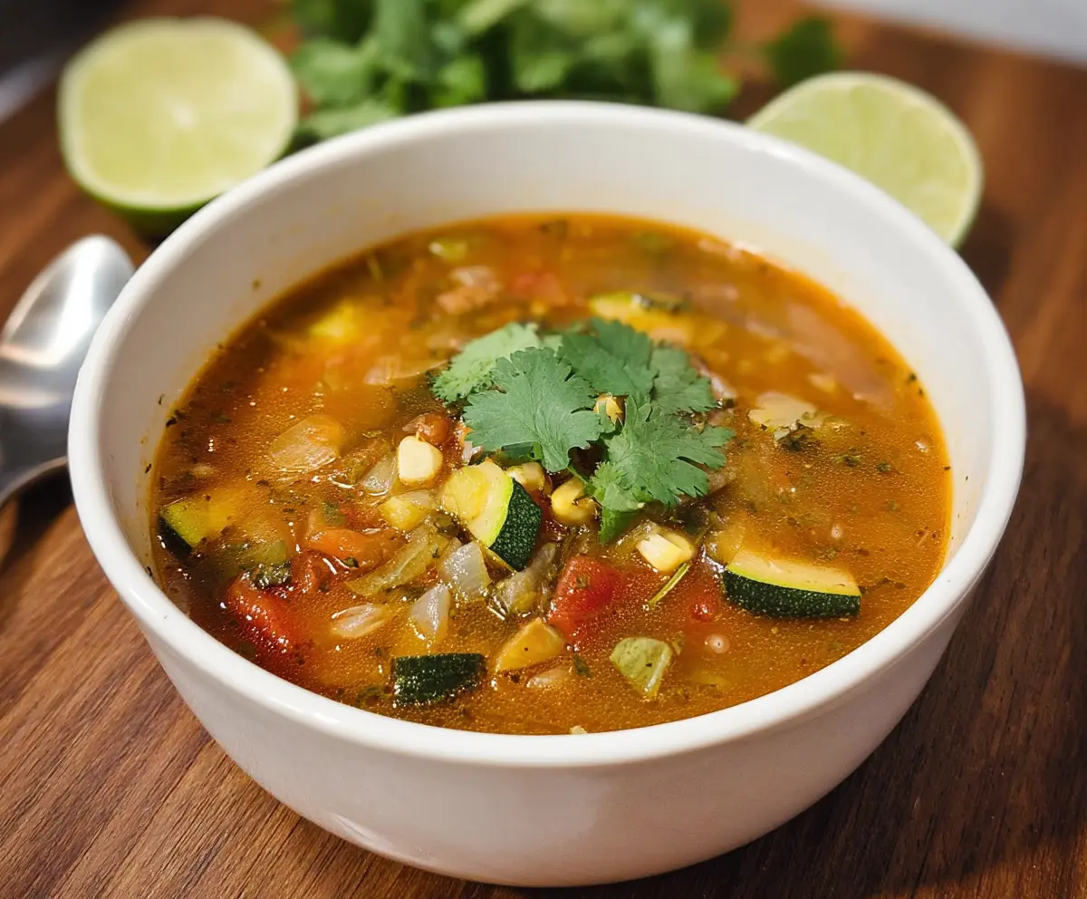 A steaming bowl of Mexican zucchini soup garnished with fresh herbs and lime wedges.