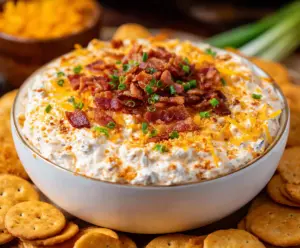 Creamy Million Dollar Crack Dip with layers of cheese, bacon, and green onions
