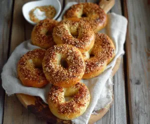 Fresh Montreal style bagels with a glossy crust and chewy interior on a rustic wooden table.