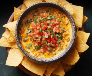 Creamy nacho dip with melted cheese, jalapenos, and seasoned toppings served with tortilla chips.