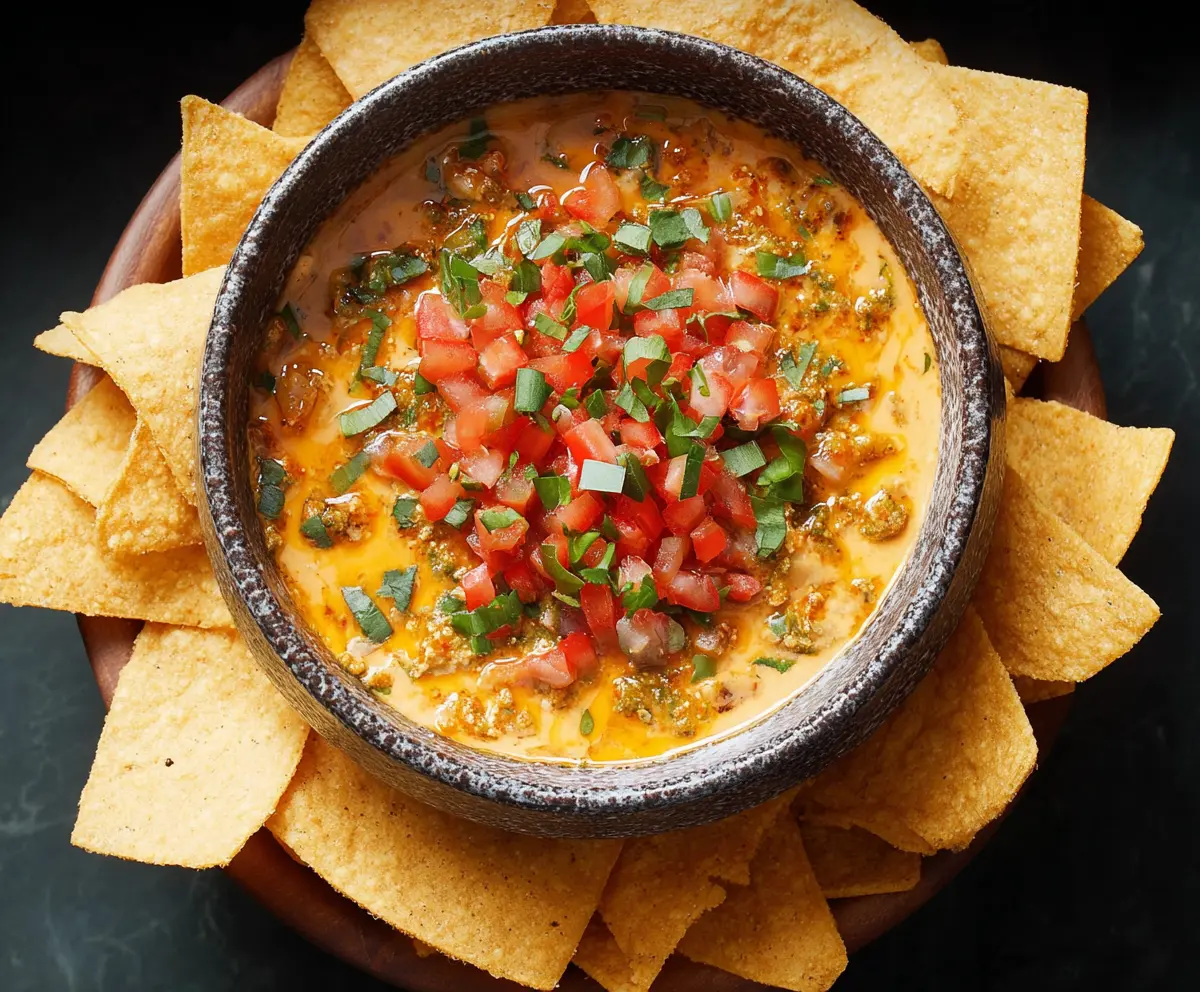 Creamy nacho dip with melted cheese, jalapenos, and seasoned toppings served with tortilla chips.