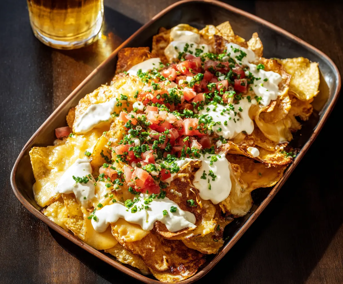 Delicious Ohio Nachos with melted cheese, spicy jalapenos, and fresh toppings on a crispy base.