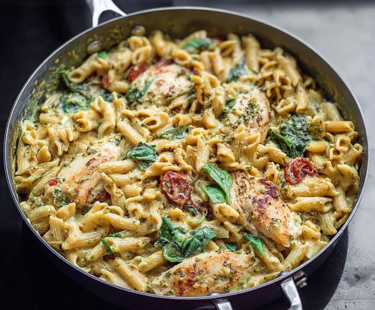 Delicious one-pan pesto chicken pasta with fresh basil and melted cheese on a wooden table.