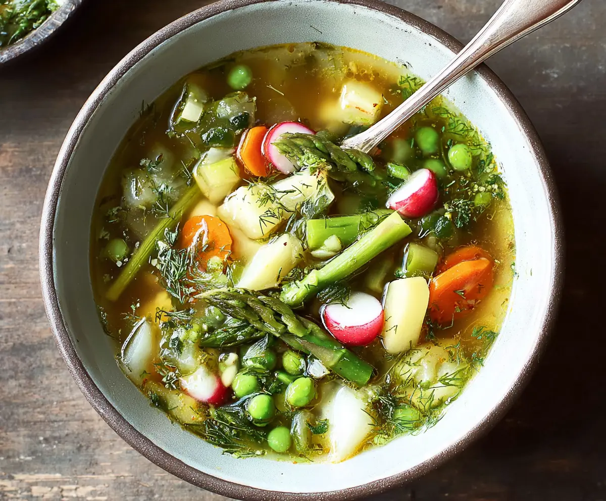 Delicious one-pot spring vegetable soup with fresh seasonal vegetables in a cozy bowl.