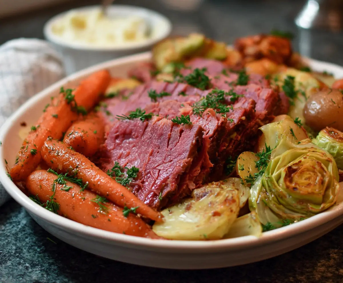Oven roasted corned beef and cabbage served on a plate with fresh vegetables