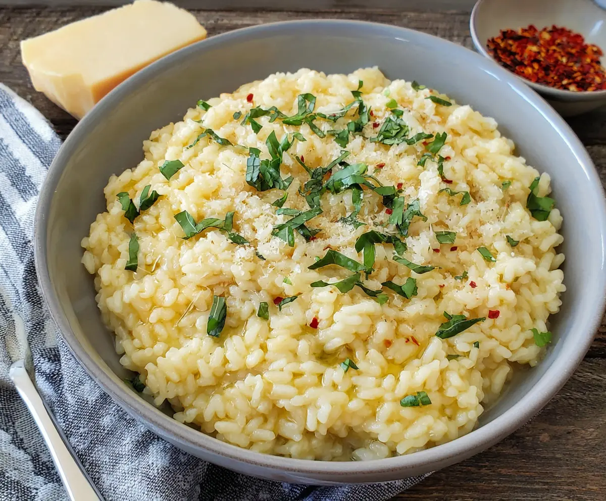 Creamy Parmesan Risotto served in a bowl, garnished with fresh herbs and grated cheese.