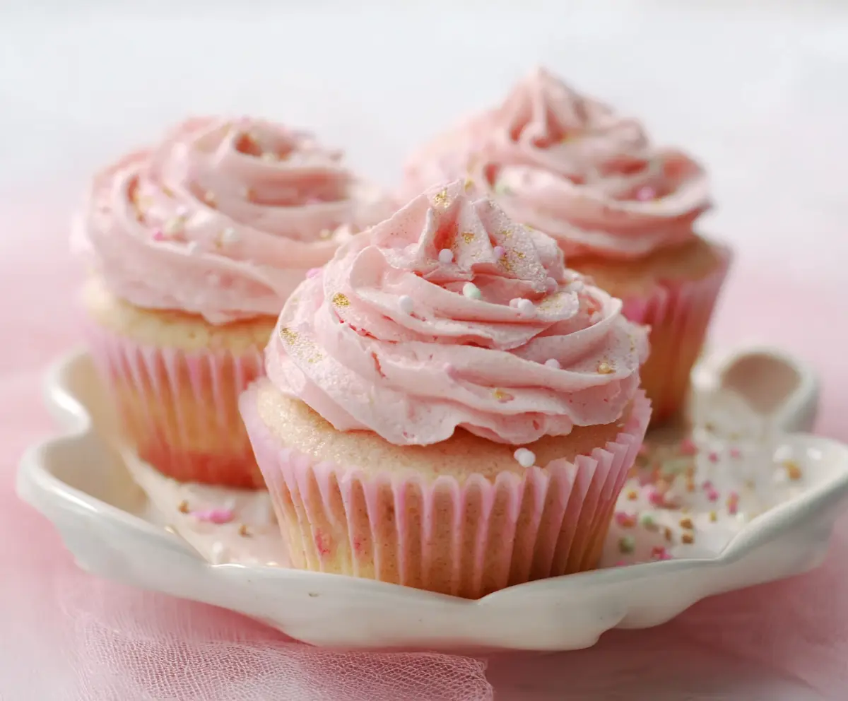Delicious pink Champagne cupcakes topped with elegant frosting for a festive celebration.