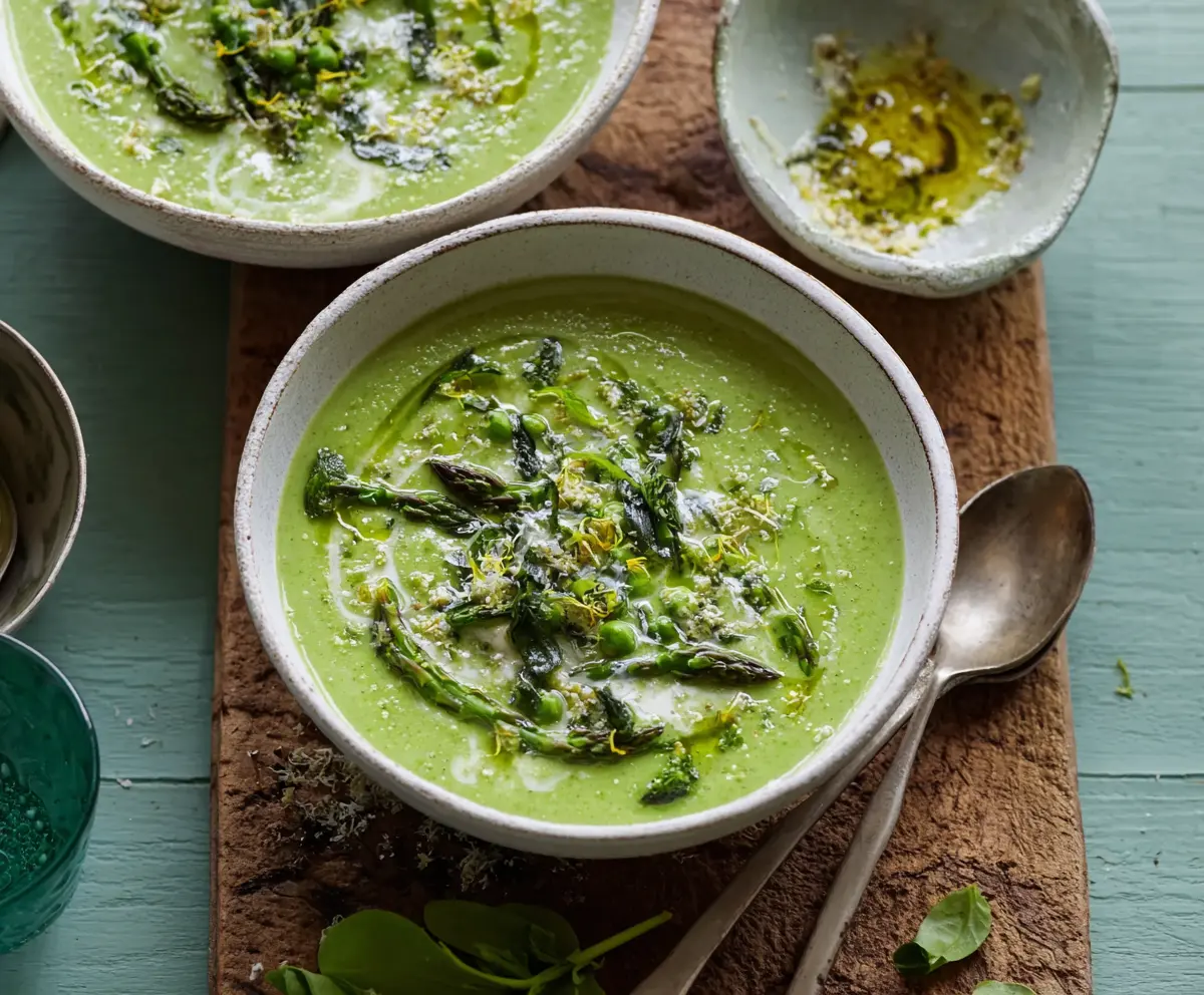 Fresh Primavera Spring Green Soup with vibrant green vegetables in a bowl, perfect for a healthy meal.