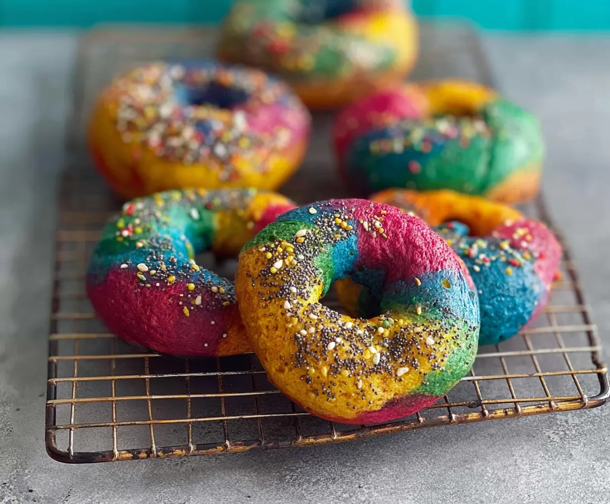 Colorful rainbow bagels with vibrant icing and sprinkles, perfect for breakfast or brunch.