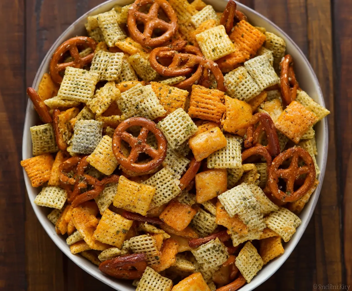 Crunchy Ranch Chex Mix snack with pretzels, cereal, and flavorful seasoning.