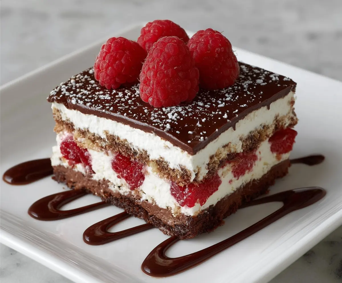 Delicious Raspberry Chocolate Lasagna dessert with layered raspberries and chocolate for a sweet treat