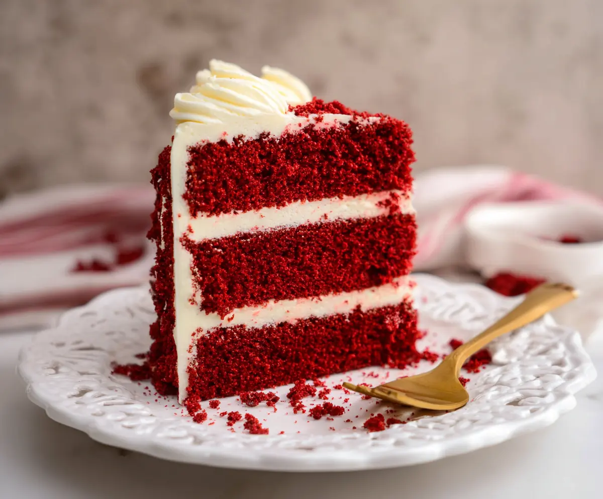 Delicious homemade red velvet cake with cream cheese frosting, perfect for celebrations