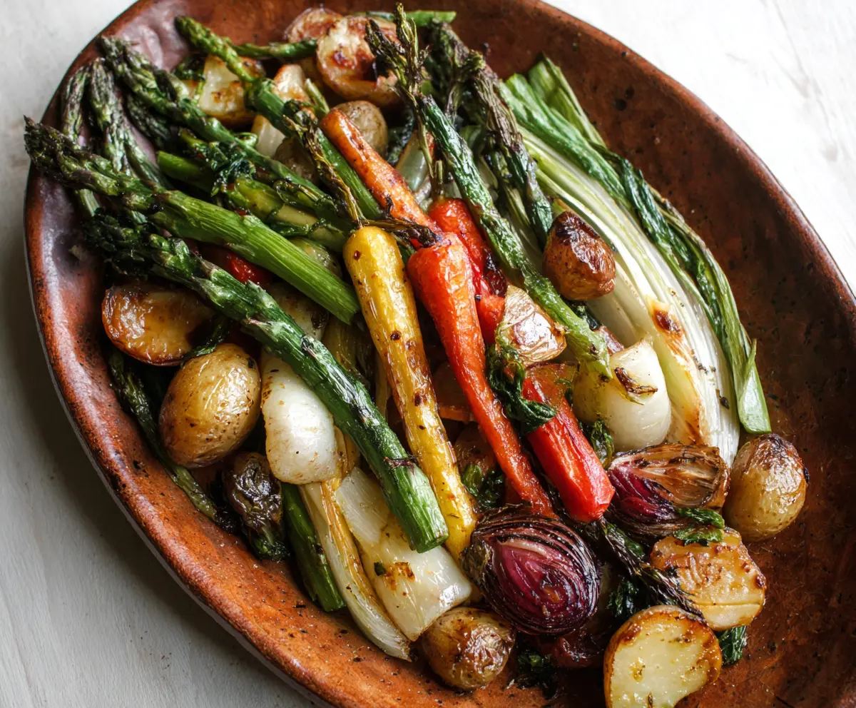 Colorful roasted spring vegetables on a baking tray, including carrots, asparagus, and radishes, perfect for a healthy side dish.