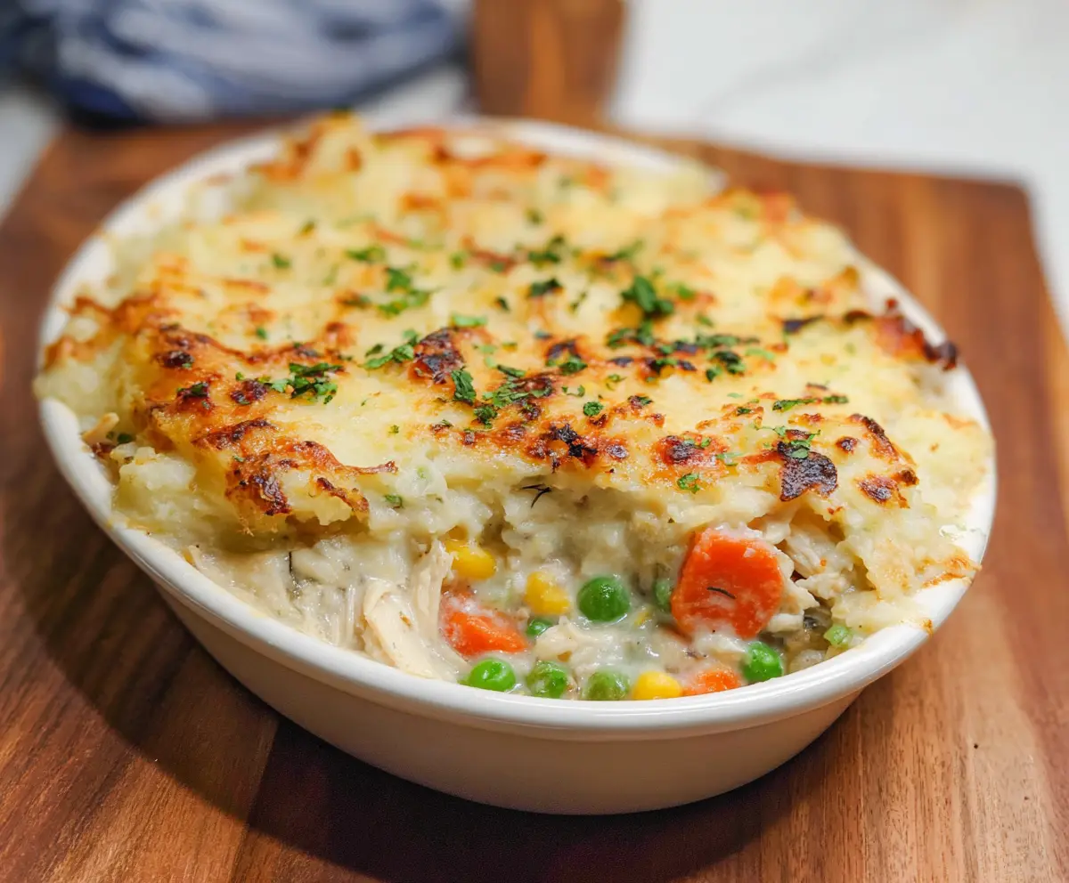 Delicious rotisserie chicken shepherd's pie topped with golden mashed potatoes in a rustic baking dish.